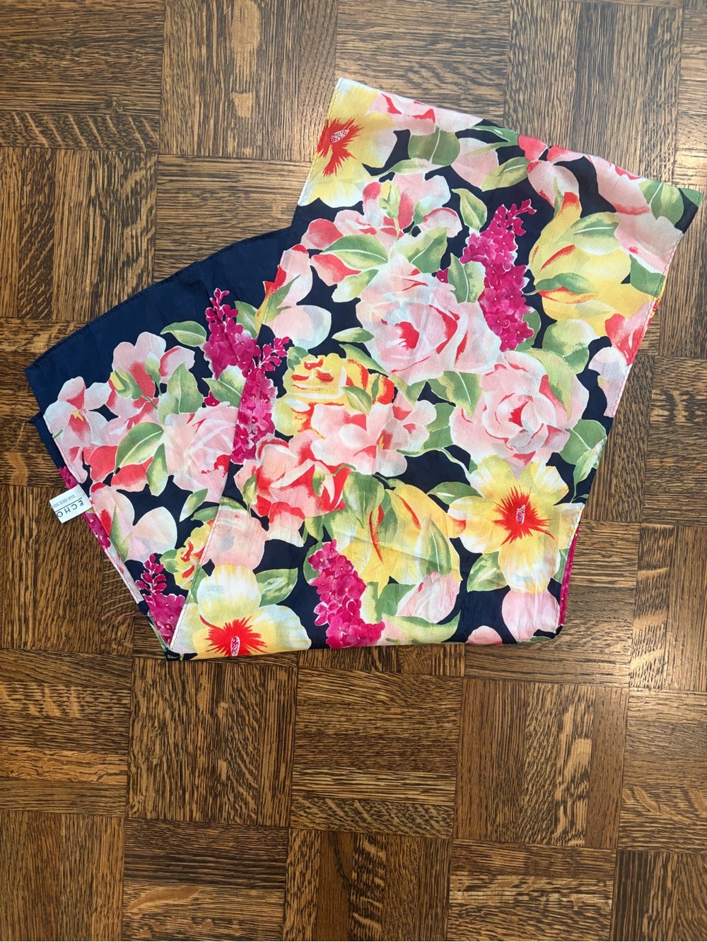 Echo Floral Silk Scarf in Navy, Pink, Yellow & Green
